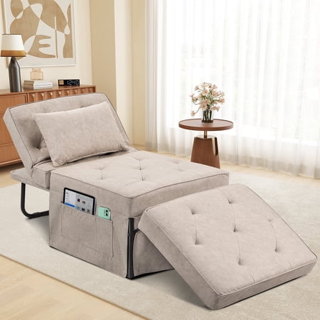 FHFO 4-in-1 Convertible Sofa Bed,Multi-function single sofa bed chair,Ottoman Bed Sleeper with Adjustable Backrest and Pillow,for Living Room Apartment Office(Beige,28" Width)