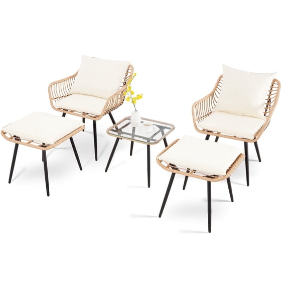 FHFO 5 Piece Patio Bistro Set, Outdoor Wicker Furniture, Rattan Table & Chairs Set with Cushions (Yellow/Beige)