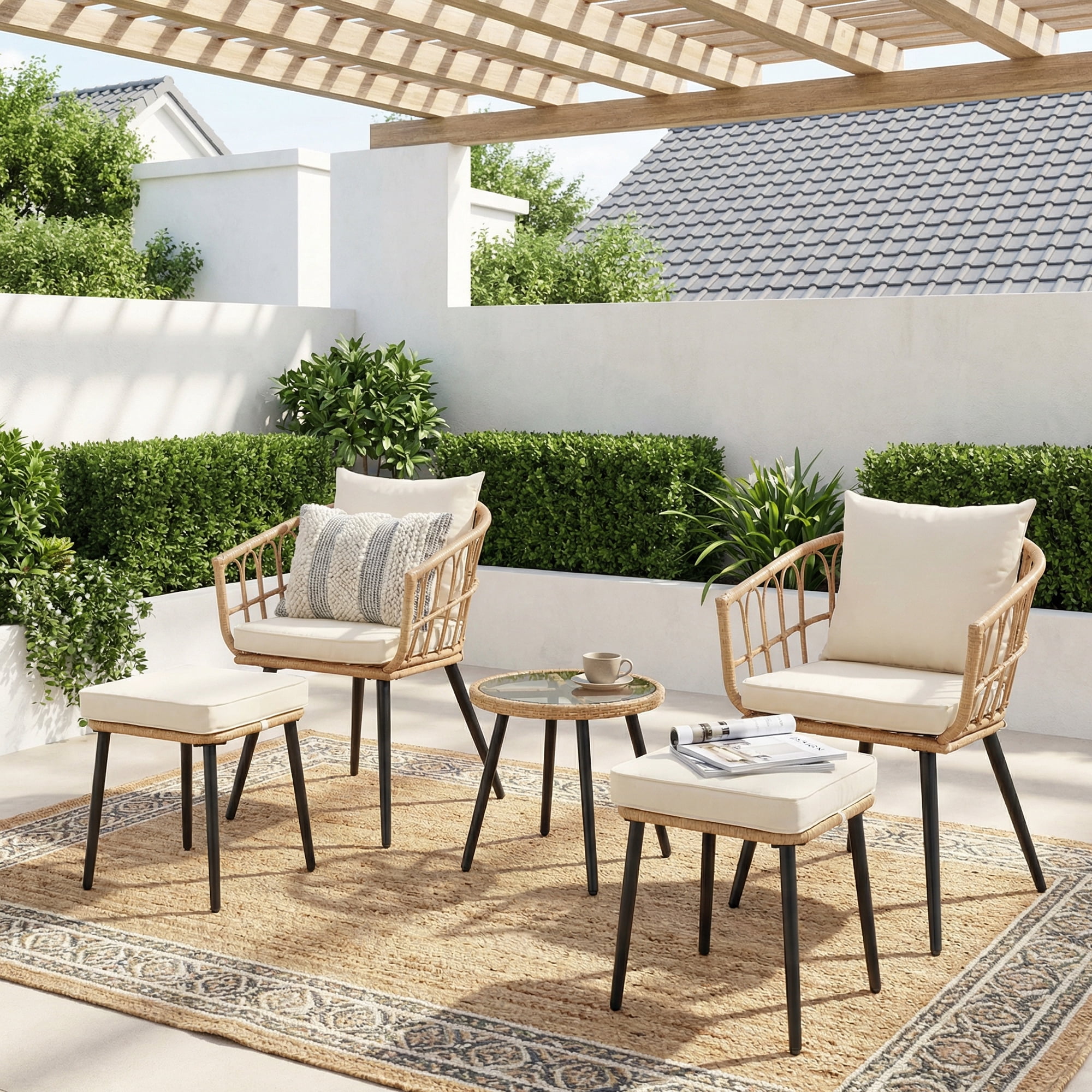FHFO 5 Piece Patio Bistro Set, Outdoor Wicker Furniture, Rattan Table & Chairs Set with Cushions (Yellow/Beige)