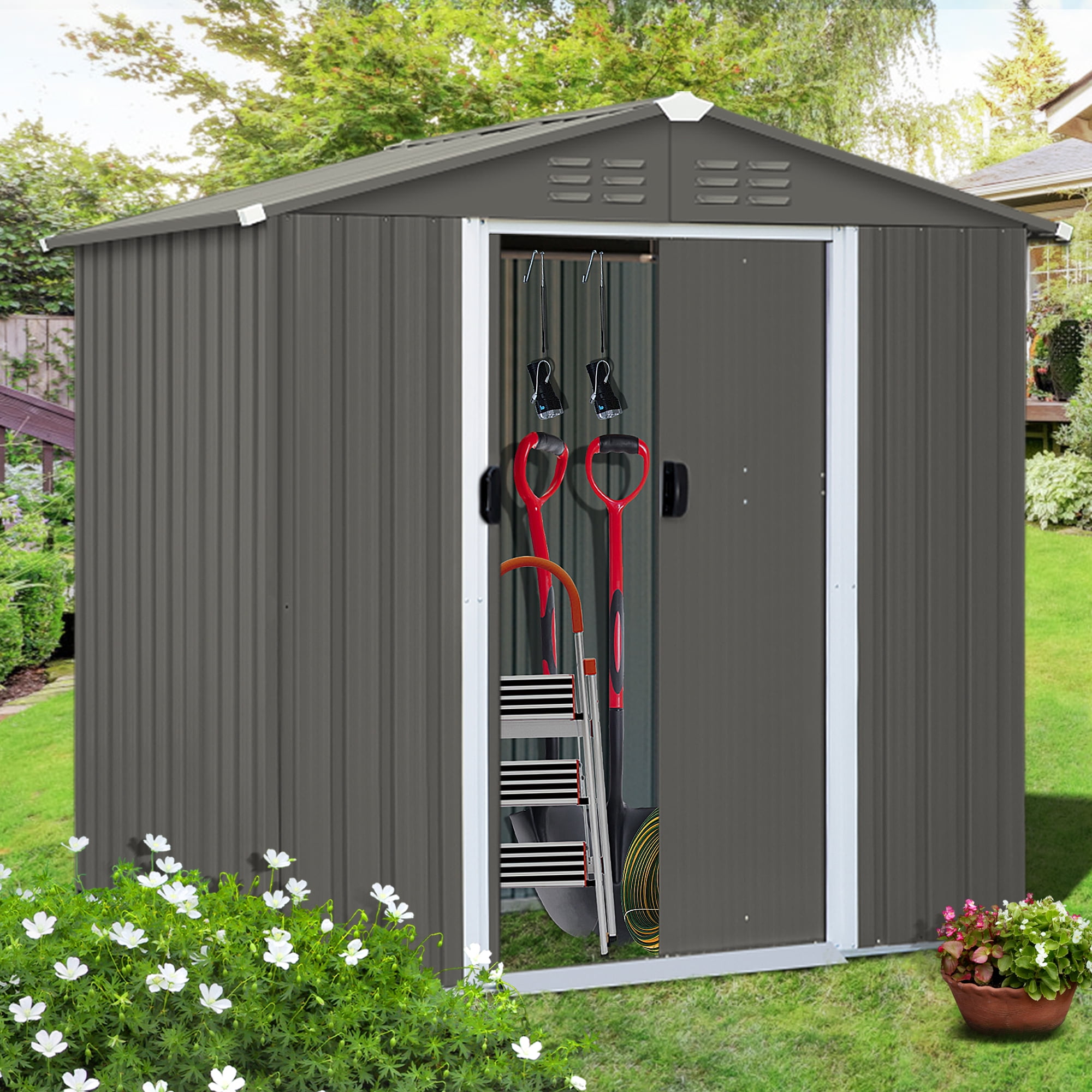 FHFO 6x4 ft Outdoor Storage Shed, Galvanized Steel Sheds with Sliding