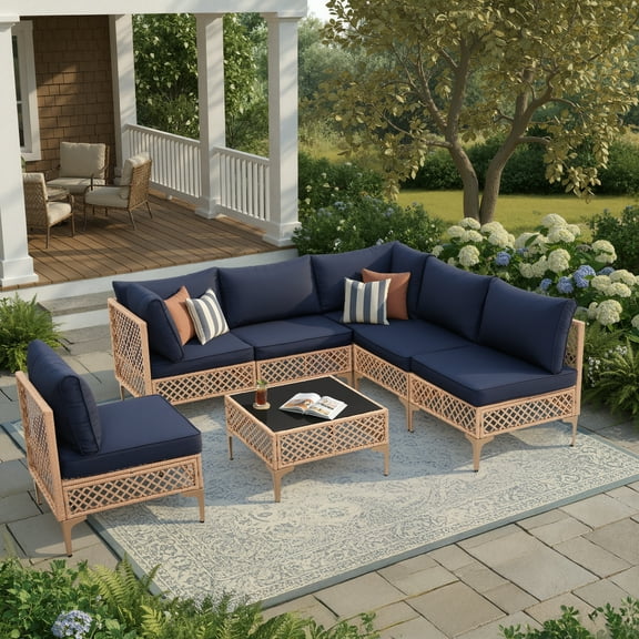 FHFO 7-Piece Rattan All-Weather Outdoor Sofa Set, Bohemian Style Courtyard Dialogue Set, Courtyard Dialogue Set With Cushions And Coffee Table, For Backyard Poolside Porch Garden, Yellow/Blue