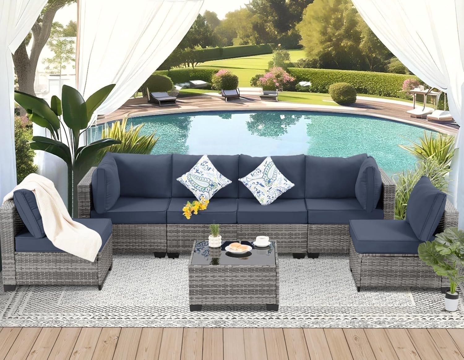 FHFO 7 Pieces Outdoor Patio Furniture Set, Outdoor Sectional Wicker Sofa with Thick Cushions All Weather Modular Rattan Conversation Couch for Outside Porch Garden Backyard Grey-Navy Blue