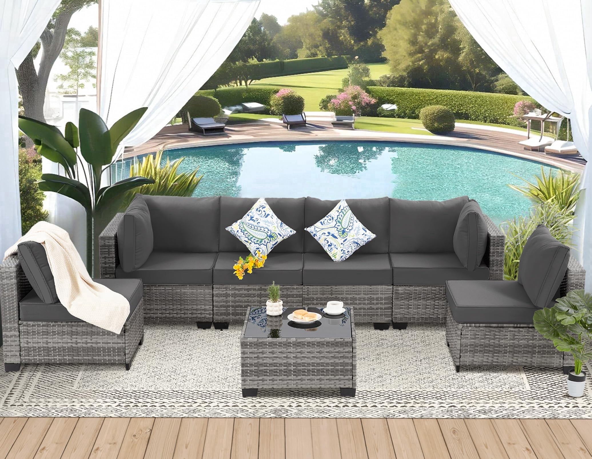 FHFO 7 Pieces Outdoor Patio Furniture Set, Wicker Sectional Sofa Set Rattan Modular Patio Conversation Sets with Cushions Couch Set & Coffee Table for Outside, Garden, Balcony, Porch, Grey/Gray