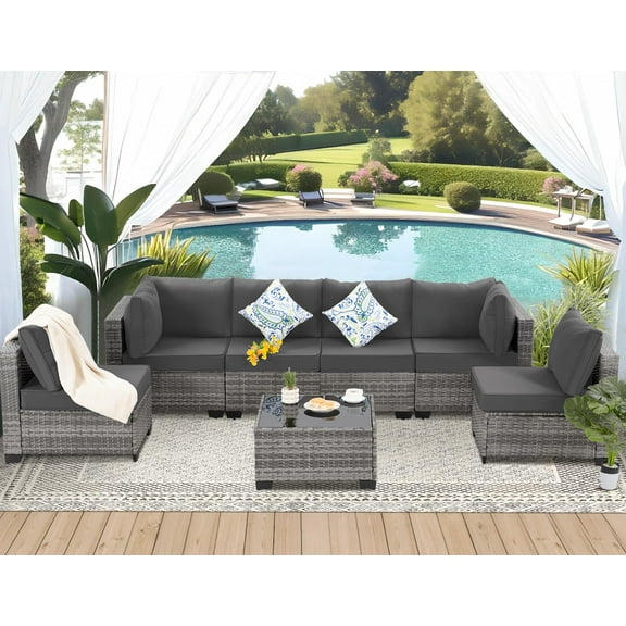 FHFO 7 Pieces Outdoor Patio Furniture Set, Wicker Sectional Sofa Set Rattan Modular Patio Conversation Sets with Cushions Couch Set & Coffee Table for Outside, Garden, Balcony, Porch, Grey/Gray