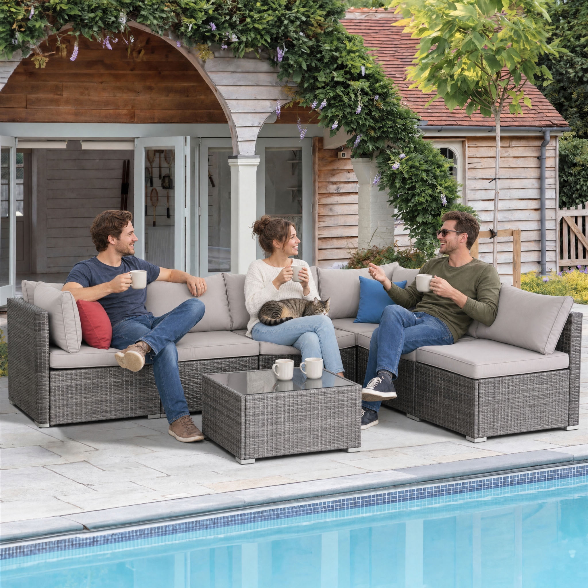 FHFO 7 Pieces Outdoor Patio Furniture Set, Wicker Sectional Sofa Set Rattan Modular Patio Conversation Sets with Cushions Couch Set & Coffee Table for Outside, Garden, Balcony, Porch, Grey/Gray