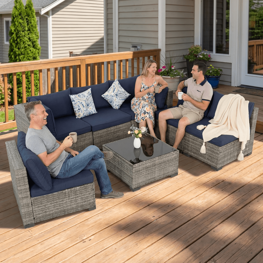 FHFO 7 Pieces Patio Furniture Set, All-Weather wicker Outdoor Conversation Set, Outdoor rattan Sectional Sofa Set w/ Washable Cushions & Glass Coffee Table for Porch Poolside Backyard-Gray/blue