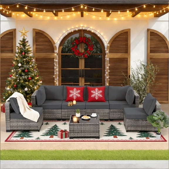 FHFO 7 Pieces Patio Furniture Set, All-Weather wicker Outdoor Conversation Set, Outdoor rattan Sectional Sofa Set w/ Washable Cushions & Glass Coffee Table for Porch Poolside Backyard-Gray/gray