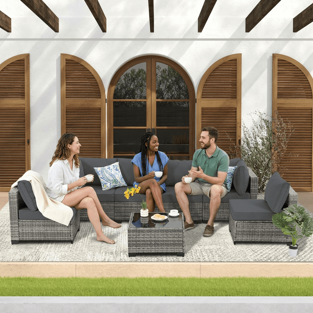 FHFO 7 Pieces Patio Furniture Set, All-Weather wicker Outdoor Conversation Set, Outdoor rattan Sectional Sofa Set w/ Washable Cushions & Glass Coffee Table for Porch Poolside Backyard-Gray/gray