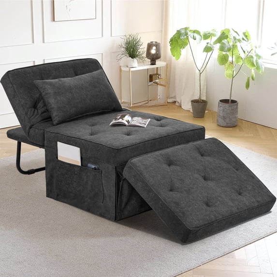 FHFO Convertible Sofa Bed,4 in 1 Multi Function Ottoman Bed,Assembly-Free Chair Bed Sleeper with Adjustable Backrest and Pillow(Gray, Medium-28 Width)