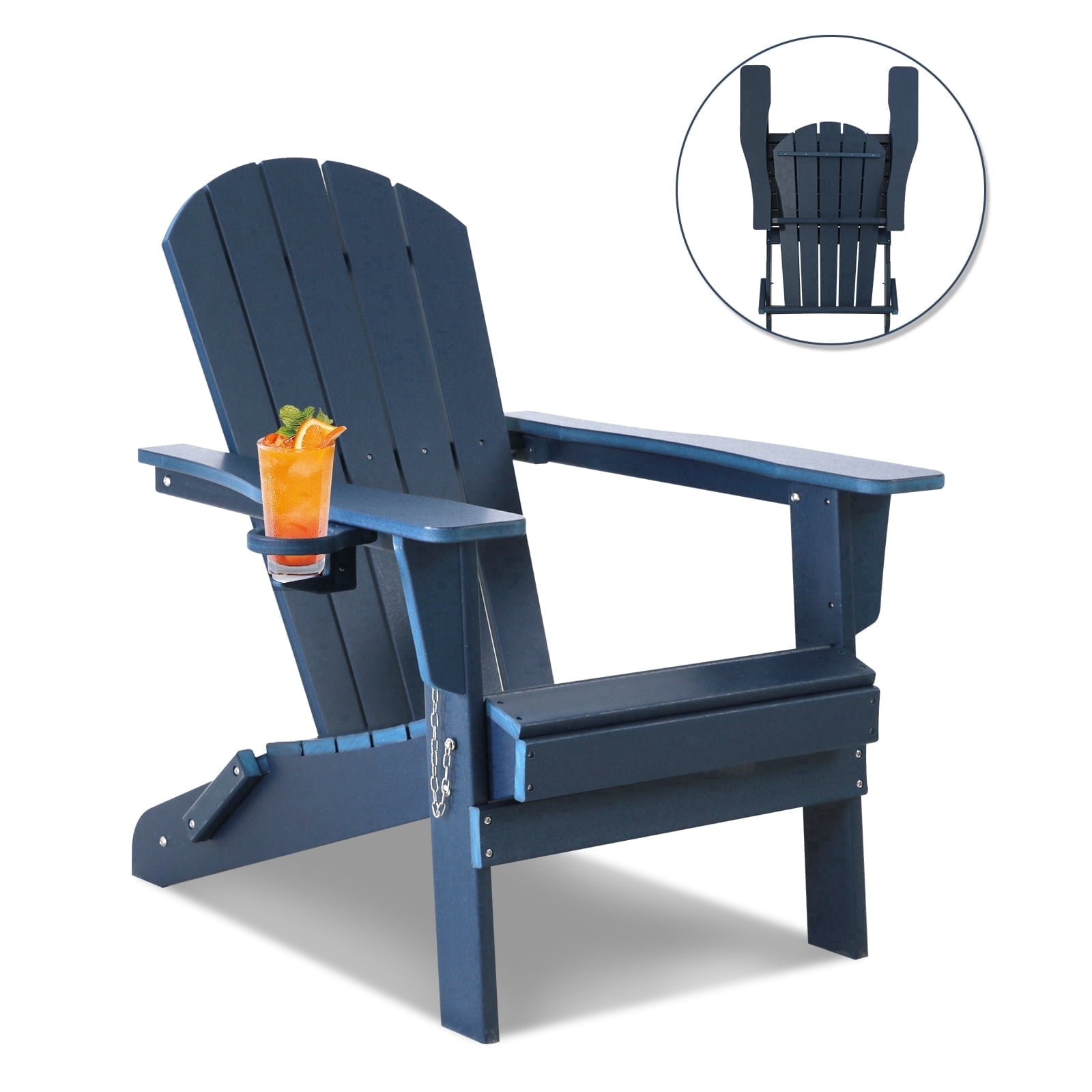 FHFO Folding Adirondack Chair,HDPE All-Weather Patio Chairs with Cup Holder for Outside, Deck, Lawn, Backyard, Garden, Fire Pit(Navy Blue)