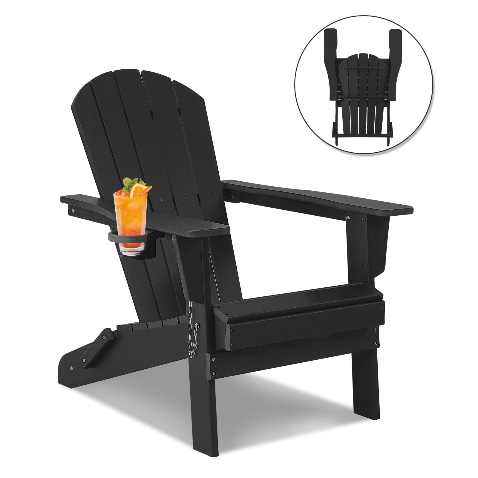 Folding Adirondack Chairs, Patio Chairs, Lawn Chairs, Outdoor Chair, Adirondack Chair Plastic, Fire Pit, Weather Resistant with Cup Holder for Deck, Backyard, Garden(Black)