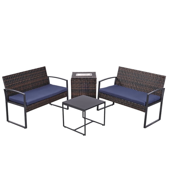 FHFO 4 Piece Outdoor Patio Furniture Set,Wicker Conversation Sets Patio Sofa Couch with Built-in Beverage Cooler Storage Box & Coffee Table for Outside, Garden, Balcony, Porch,Brown/Blue
