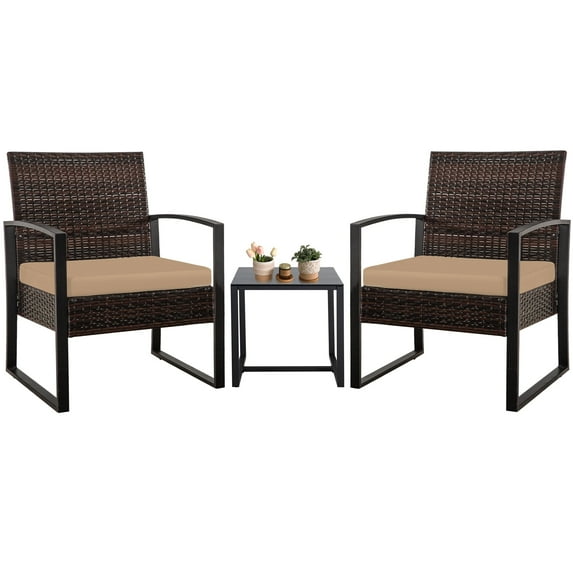 FHFO Outdoor Patio Furniture Set, 3 Pieces Patio Conversation Set, Wicker Rattan Bistro Table and Chairs with Cushions for Garden Balcony Backyard Porch Lawn, Brown Rattan & Khaki Cushion