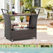 FHFO Outdoor Rolling Wicker Rattan Bar Serving Cart with Removable Ice Bucket/Glass Countertop/Goblet Wine Glass Holders/Storage Compartments, Wicker Bar Cart for Pool, Party, Backyard