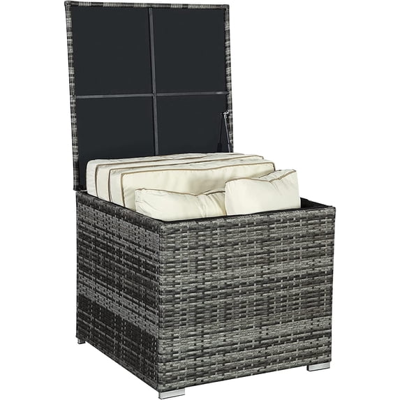 FHFO Outdoor Wicker Storage Box,88 Gallon Rattan Deck Box, Aluminum Frame Storage Bin for Cushion Pillows, Towels, Garden Tools, Toys, Brown,Grey