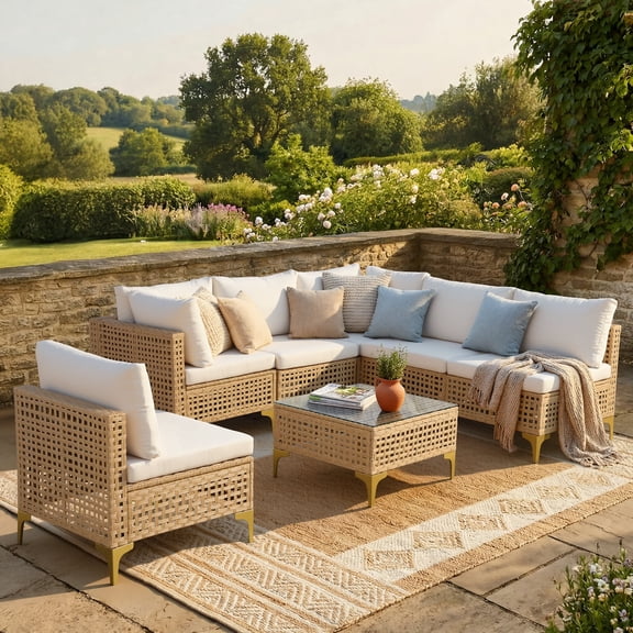 FHFO Patio Furniture Set,7-Piece Wicker Outdoor Patio Furniture Sets with Coffee Table,All-Weather Wicker Rattan Outdoor Conversation Set with High Back and Thick Cushions, for Garden, Porch, Poolsid