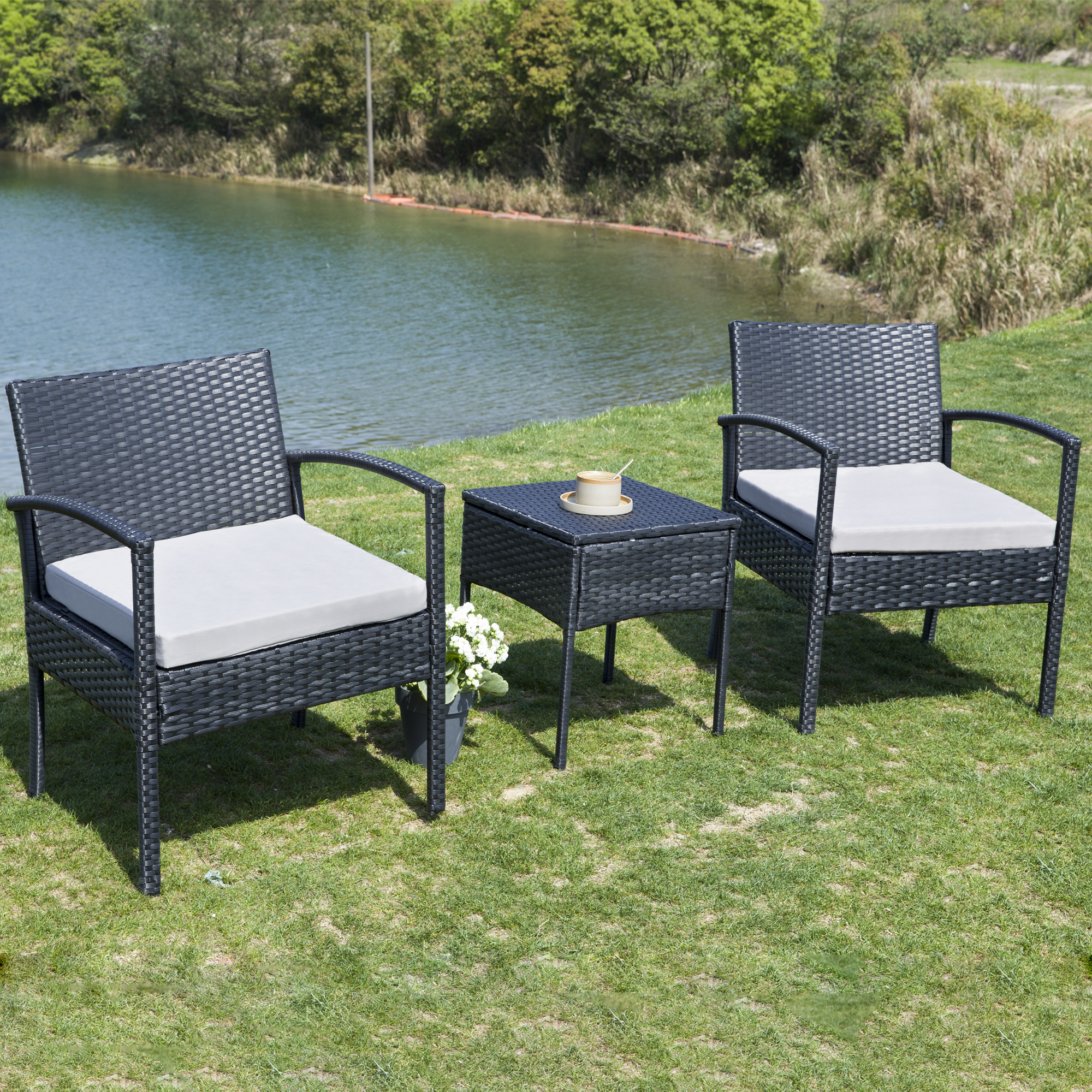 FHFO Patio Furniture Set Outdoor Furniture Outdoor Patio Furniture Set 3 Pieces Patio Conversation Set Table and Chairs with Cushions for Garden Balcony Backyard Porch Lawn Black Rattan Grey Cushion - image 1 of 5
