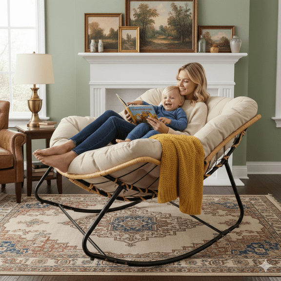 Larger Outdoor Rocking Chair, Patio Egg Rocking Chair, Indoor Papasan Chair, Rattan Wicker Lounge Chair, Modern Royal Chair for Bedroom, Living Room, Porch, Garden,Beige