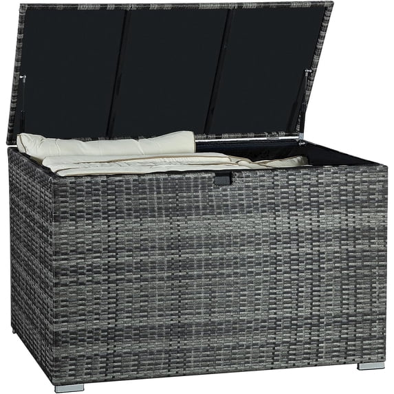 FHFO Rattan Wicker Deck Box, 120 Gallon Outdoor Patio Storage Box Waterproof, Outside Storage Bin for Patio Furniture Covers, Cushion Pillows, Towels, Garden Tools, Toys, Grey