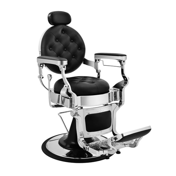 FHFO Retro Barber Chair,Heavy-Duty 145°Reclining Salon Chair with round Backrest,Supports up to 600lbs & 360°Rotatable,Professional Salon Beauty Spa Shampoo Equipment(Sliver)