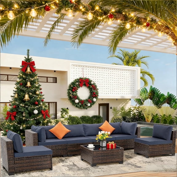 FHFO 7 Pieces Patio Furniture Set,Wicker Outdoor Conversation Set,Rattan Sectional Sofa Set w/Washable Cushions & Glass Coffee Table for Porch Poolside Backyard-Brown/Blue