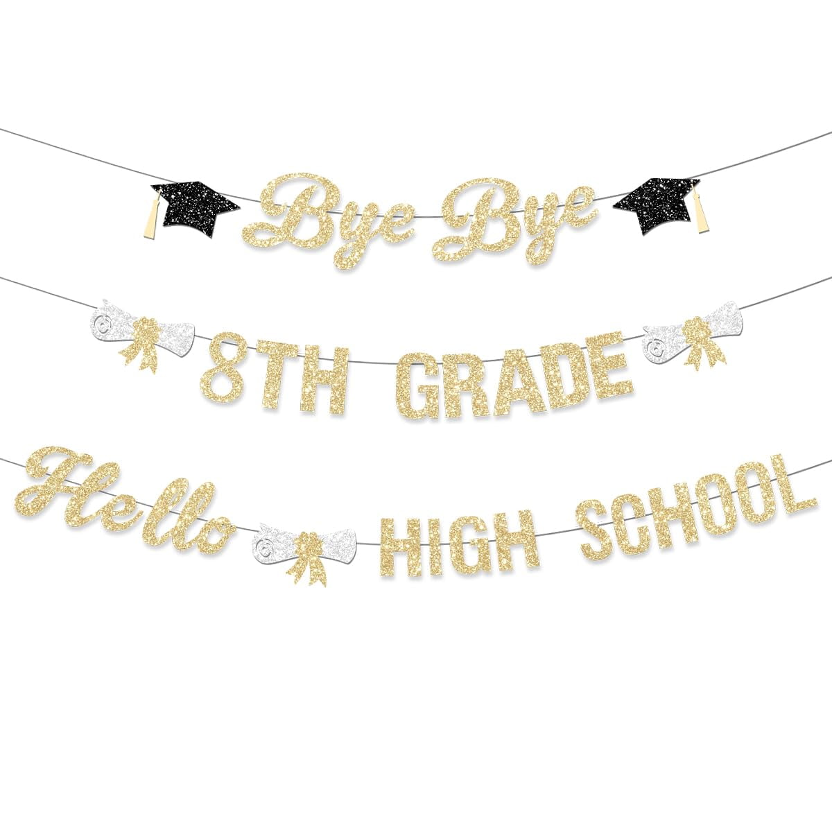 FHGG 8TH Grade Graduation Decorations Banner Glitter Gold Bye Bye 8th ...