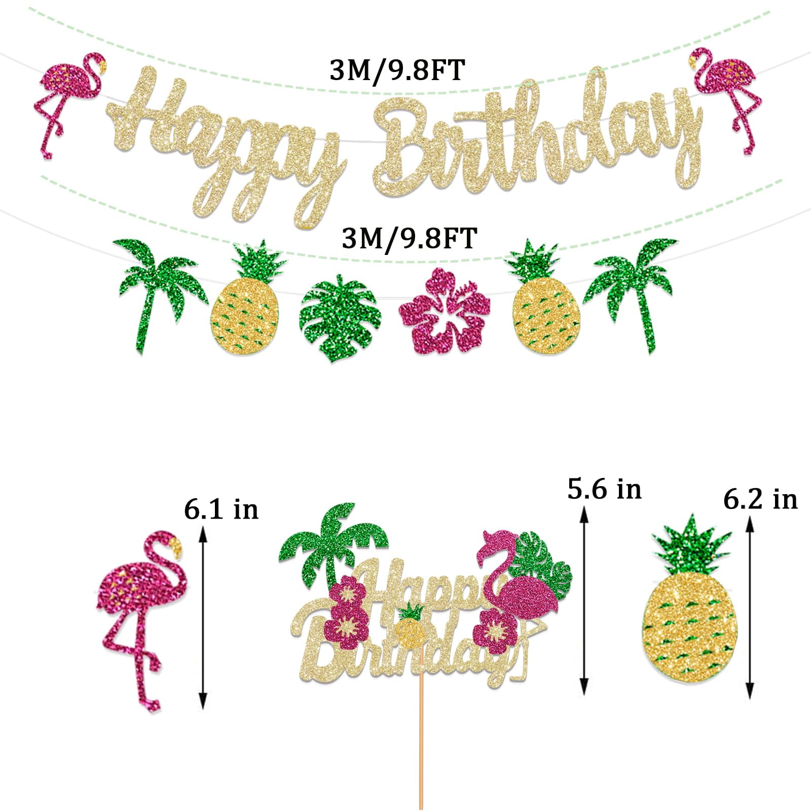 FHGG Glitter Tropical AJH3Happy Birthday Banner Luau Hawaiian Cake Toppers Flamingo Flower for Summer Birthday Party Decorations Theme Baby Shower Supplies