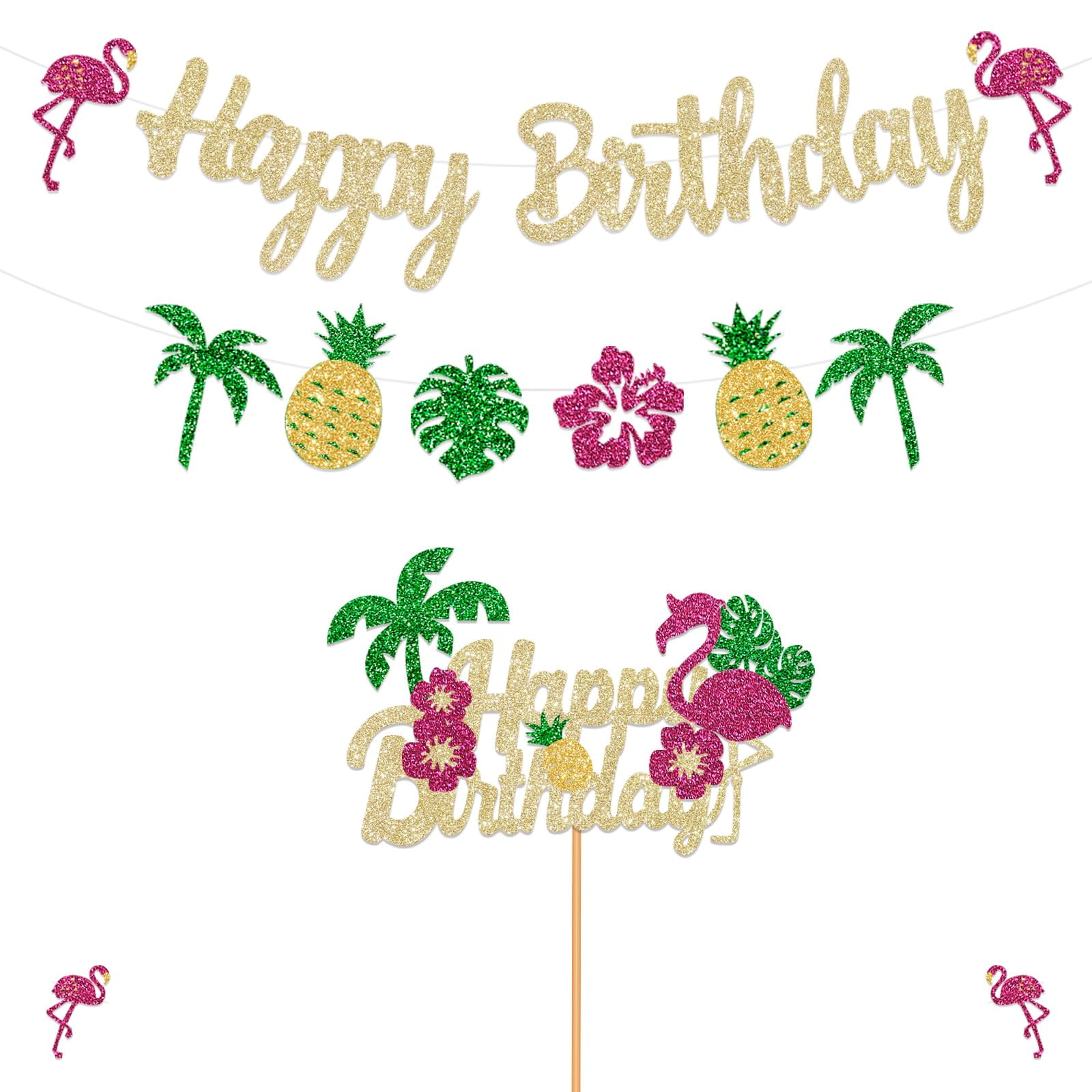 FHGG Glitter Tropical Happy STF9Birthday Banner Luau Birthday Banner and Birthday Cake Toppers Flamingo Flower Banner for Summer Birthday Party Decorations Theme Baby Shower Supplies