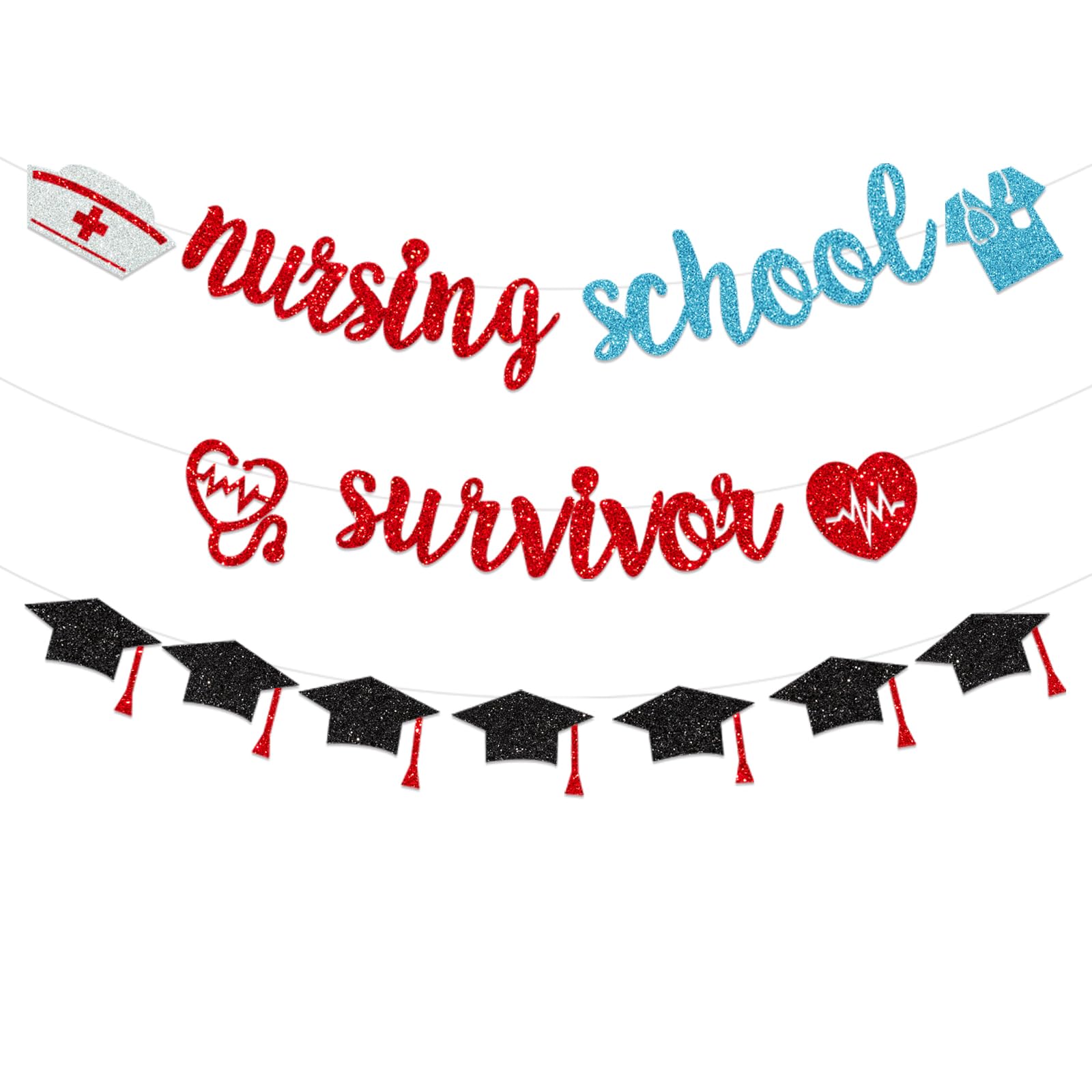 EARNED IT Banner – Congrats RN Graduation Garland, Black & Red Glitter, 7.2ft Long