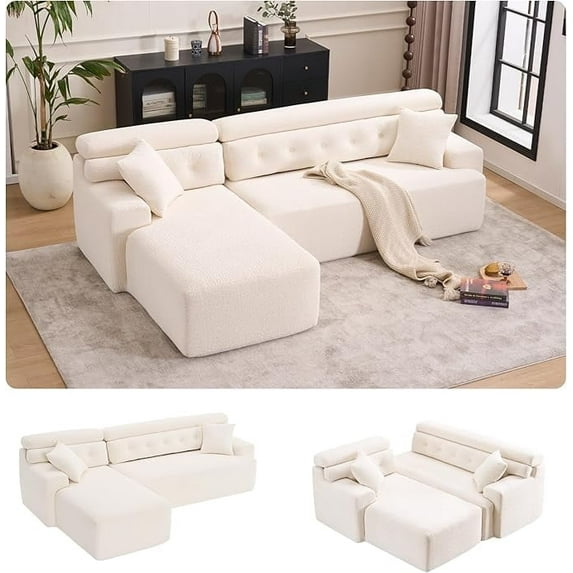 FFH 104.7" Cloud Sectional Sofa Couch with L-Shape Chaise,Modern Cloud Sleeper Sofa with Deep Seat,Modular Sectional Sofa Couches for Living Room,Apartment,Office,No Assembly Required(White)