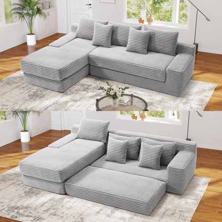 FFH 104" Cloud Sectional Couch, Queen Size L Shaped Convertible Sofa Bed with Pillows, No Assembly Required, Gray