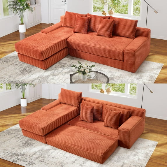 FFH 104" Cloud Sectional Couch, Queen Size L Shaped Convertible Sofa Bed with Pillows, No Assembly Required, Orange