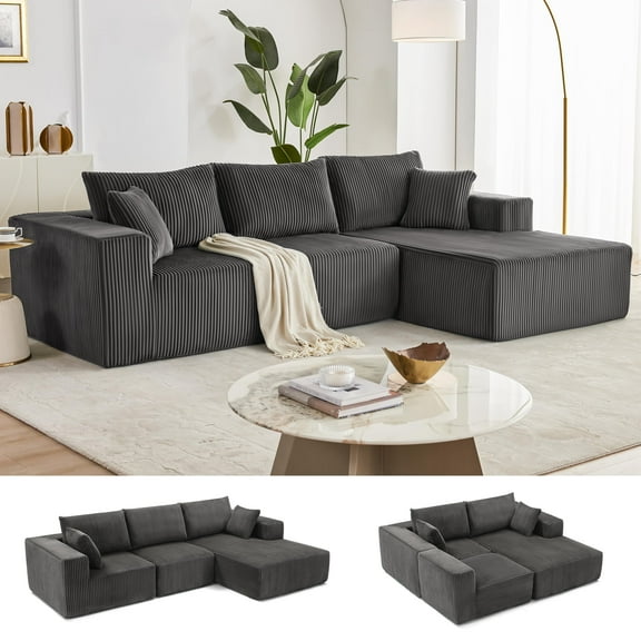 FFH 104” Modular Sectional Sofa,Corduroy Sleeper Sofa Bed,Cloud Sectional Couch with Deep Seat,Modern Modular L-Shape Sofa with Chaise,Upholstered Couches for Living Room(Corduroy,Dark Gray)