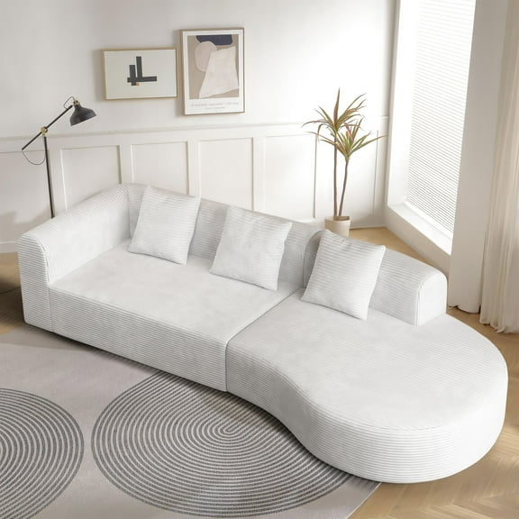 FFH 123" Modular Sectional Sofa,Oversized Corduroy Cloud Sleep Sofa with Deep Seat,High Supportive Sponges & 3 Pillow,4 Seater Upholstered Sofas for Living Room,No Assembly Required(White）