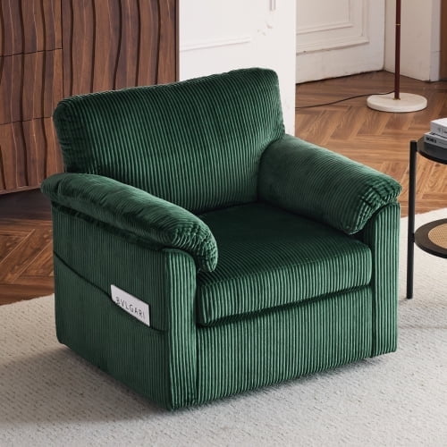 FFH 33" Oversized Swivel Accent Chair,Armchair with Side Pocket,Upholstered Corduroy Lounge Chaise Chair,Barrel Chairs,Comfy Single Sofa for Living Room Reading Bedroom Office,Olive Green