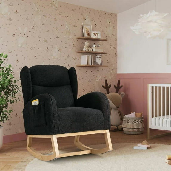 FFH Teddy Rocking Chair for Nursery with Side Pocket, Black