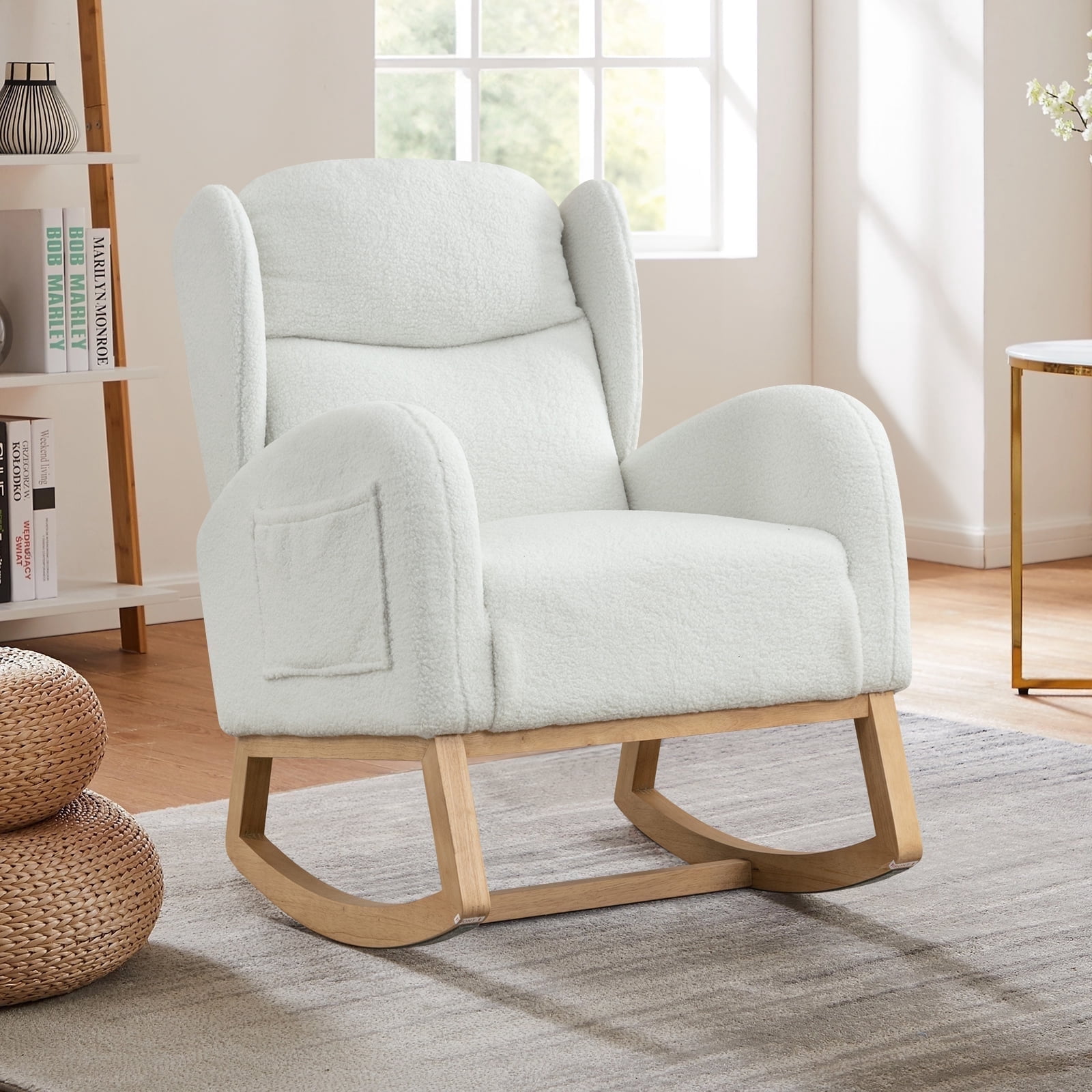 FFH Rocking Chair for Nursery, Teddy Glider Rocker, Reading Chair, Accent Chair, Ivory