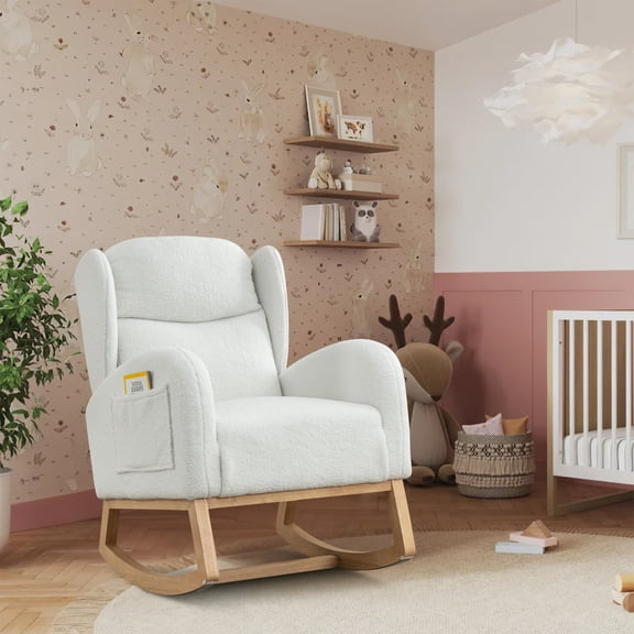 FFH Rocking Chair for Nursery, Teddy Glider Rocker, Reading Chair, Accent Chair, White