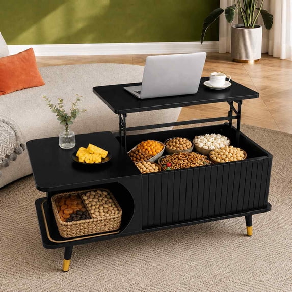 FFH 39.37" Wood Coffee Table, Lift Top Dining Center Table with Hidden Compartment and Large Storage Shelf for Home, Office, Black