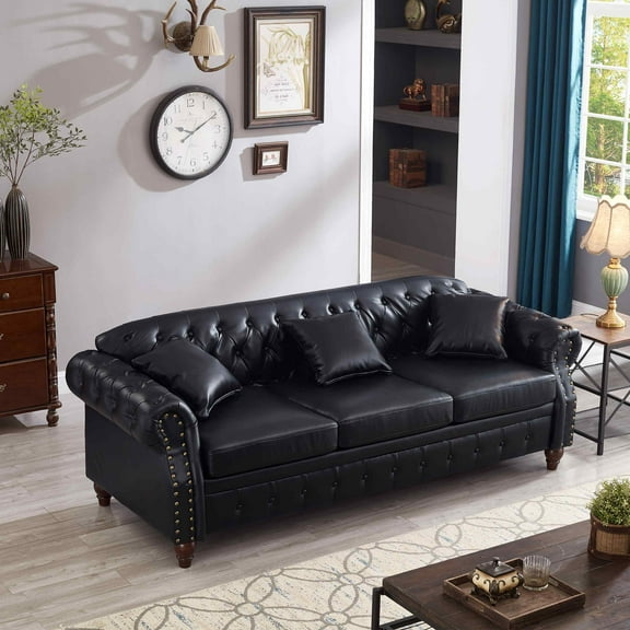 FFH Faux Leather Sofa with Storage Function - 85.8 Inch Sofa with Tufted Back - Leather Coach for Living Room with 3 Throw Pillows - Living Room Couch - Vintage Faux Leather in Onyx Black