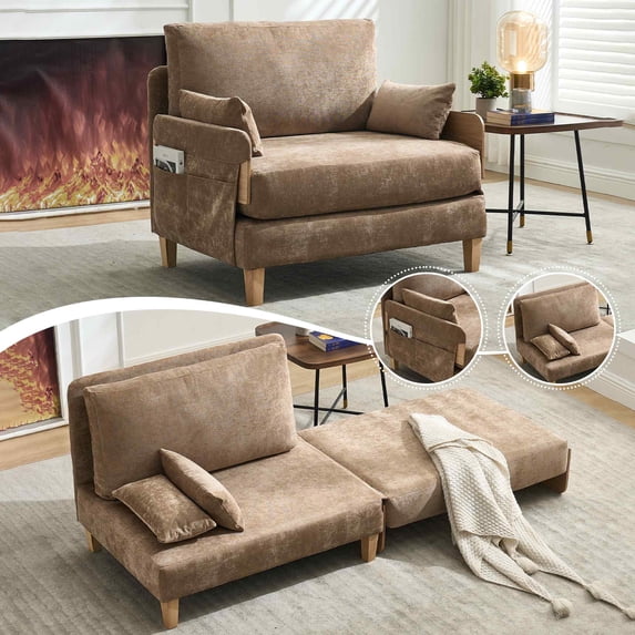 FFH Foldable Recliner Chair Accent Chair for Adult,3-In-2 Convertible Sleeper Sofa Chair Bed with Detachable Side Pockets,Mid-Century Modern Decor,Suitable For Small Spaces with Three Pillows