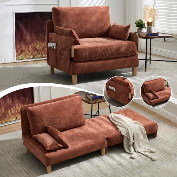 FFH Foldable Recliner Chair Accent Chair for Adult,3-In-3 Convertible Sleeper Sofa Chair Bed with Detachable Side Pockets,Mid-Century Modern Decor,Suitable For Small Spaces with Three Pillows