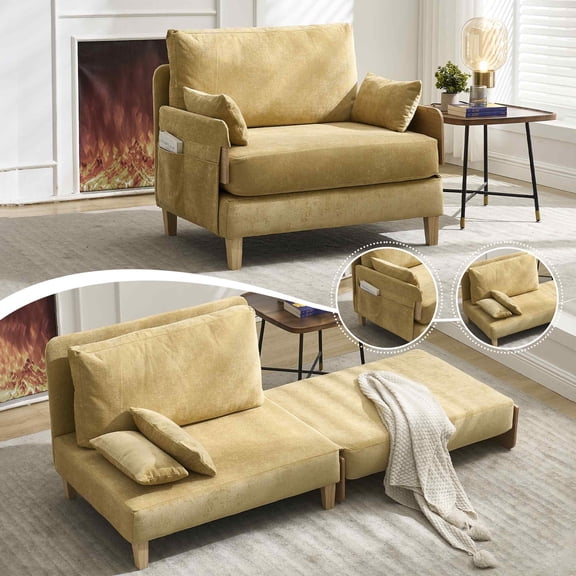 FFH Foldable Recliner Chair Accent Chair for Adult,3-In-4 Convertible Sleeper Sofa Chair Bed with Detachable Side Pockets,Mid-Century Modern Decor,Suitable For Small Spaces with Three Pillows