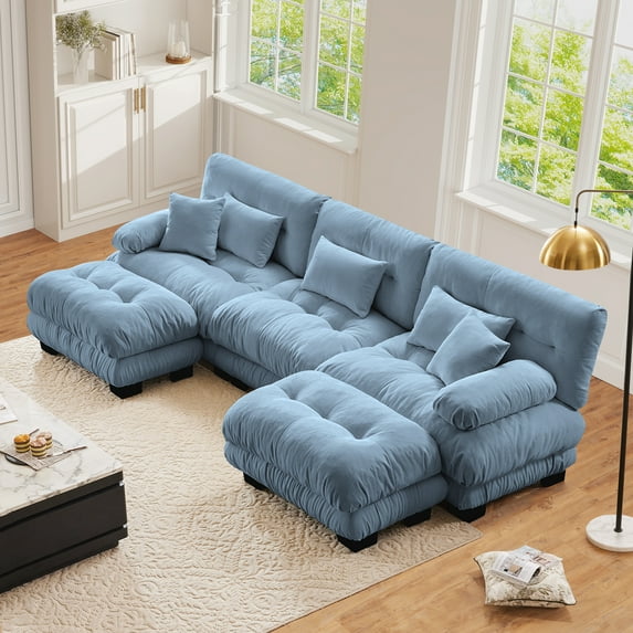 FFH Cloud Sofa Sectional, 133.8" Oversized 3 Seater Sofa for Living Room, Modern U Shaped Sofa with Deep Seat (Chenille Blue, 3 Seater with 2 Ottomans)