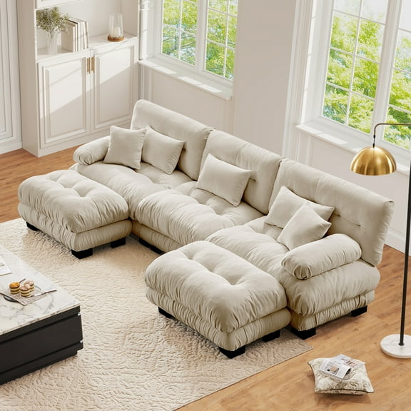 FFH Cloud Sofa Sectional, 133.8" Oversized 3 Seater Sofa for Living Room, Modern U Shaped Sofa with Deep Seat (Chenille Light Coffee, 3 Seater with 2 Ottomans)