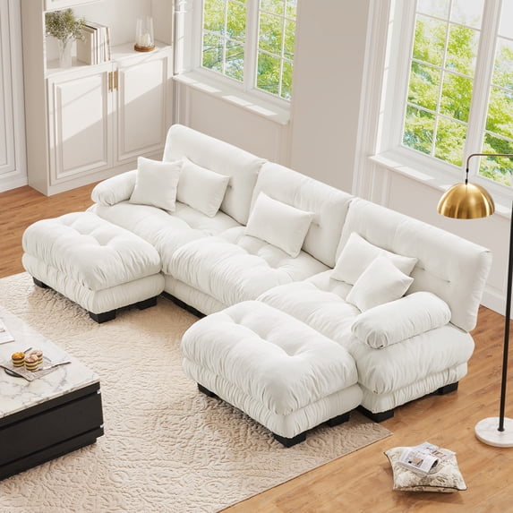 FFH Cloud Sofa Sectional, 133.8" Oversized 3 Seater Sofa for Living Room, Modern U Shaped Sofa with Deep Seat (Chenille White, 3 Seater with 2 Ottomans)