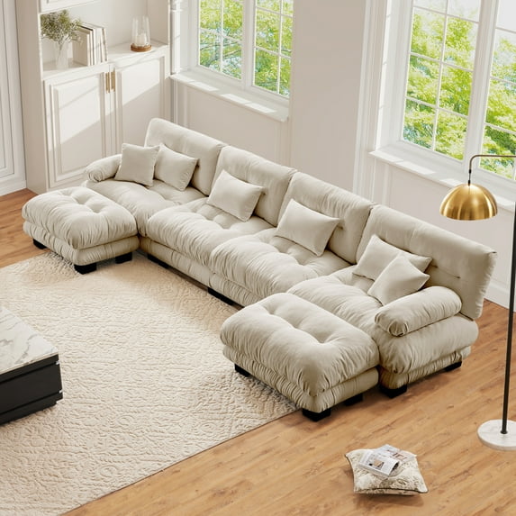 FFH 173.2" Modular Sectional Sofa, U Shaped Couch for Living Room, 4-Seater Comfy Cloud Couch with Deep Seat (Chenille Light Coffee, 4 Seater with 2 Ottomans)