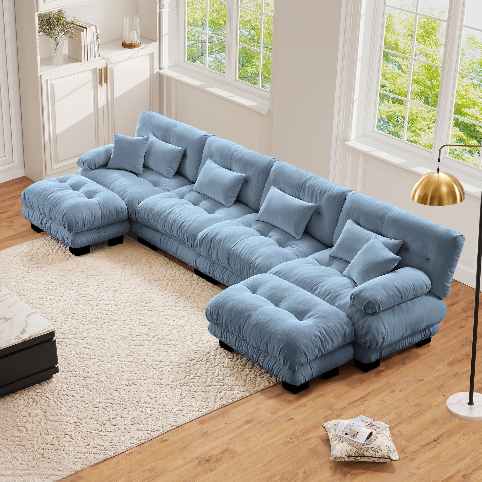 FFH 173.2" Modular Sectional Sofa, U Shaped Couch for Living Room, 4-Seater Comfy Cloud Couch with Deep Seat (Chenille Blue, 4 Seater with 2 Ottomans)