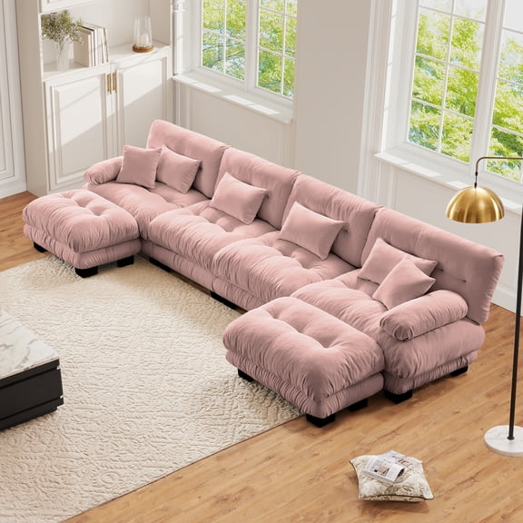 FFH 173.2" Modular Sectional Sofa, U Shaped Couch for Living Room, 4-Seater Comfy Cloud Couch with Deep Seat (Chenille Pink, 4 Seater with 2 Ottomans)
