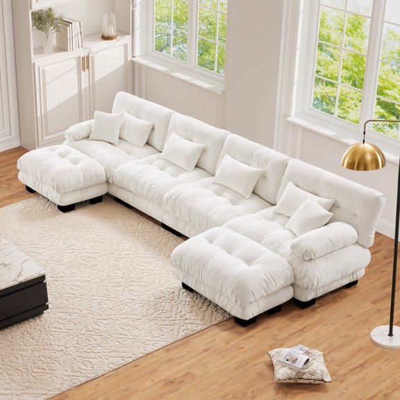 FFH 173.2" Modular Sectional Sofa, U Shaped Couch for Living Room, 4-Seater Comfy Cloud Couch with Deep Seat (Chenille White, 4 Seater with 2 Ottomans)